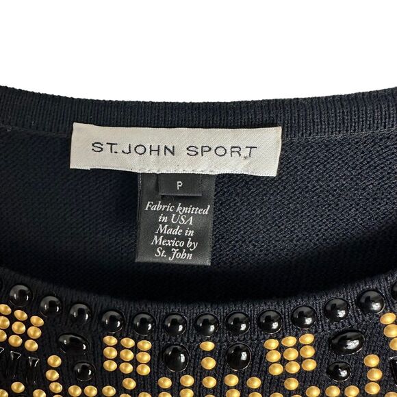 St John‎ Sport Womens Pullover Top Size P Wool Rayon Black Embellished Neckline - Picture 2 of 7